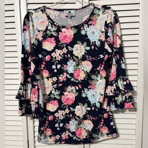 Dainty Jewells Floral Ruffle Blouse - Navy and Pink